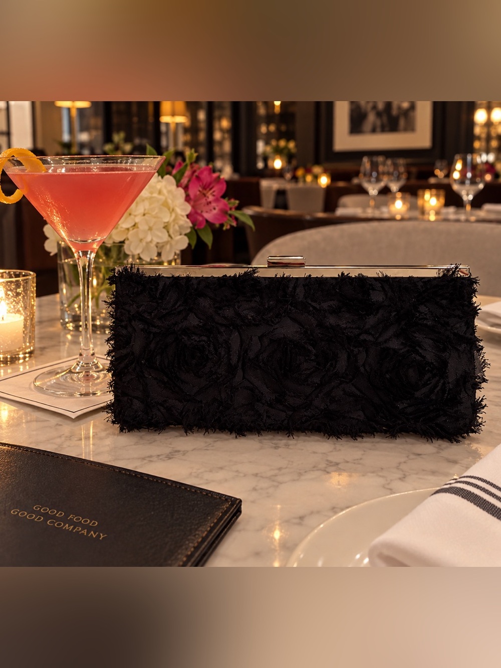 Lulu Townsend Black Rose-Textured Evening Clutch